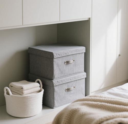 DAJAVE 2 Stück Aufbewahrungsbox mit Deckel 40x28x26 cm Aufbewahren Boxen mit Deckel Stoff, Faltbare Aufbewahrungswürfel aus Sackleinen, Kisten Aufbewahrung mit Deckel, Ordnungsboxen für Kleiderschrank von DAJAVE