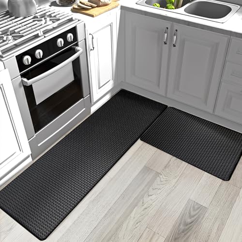 DAJAVE Küchenläufer 2 Stück Küchenteppich Waschbar rutschfest 44 x 75 + 44 x 150 cm Teppich küche mit Ölfest und Wasserdicht PVC, Schaumstoffgepolsterte Küchenmatten zum bequemen Stehen, Schwarz von DAJAVE