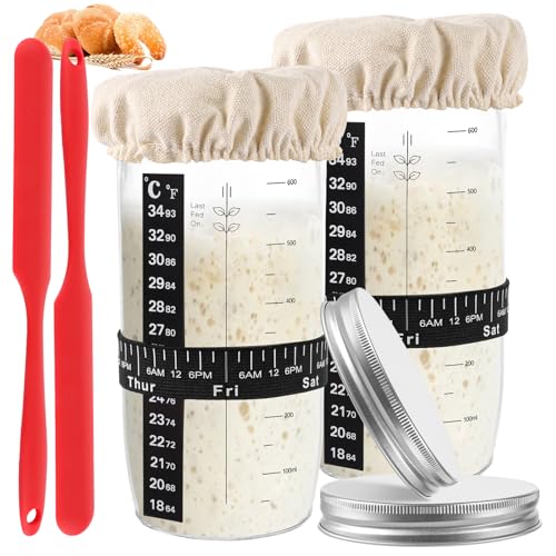 DAJAVE 2 Stück Sauerteig Starter Set 4Pcs 730ml Sauerteig Starter Jar Kit mit Thermometer, Cloth Cover & Abstreifer, Steuerriemen, Reusable Glass Sourdough Starter Kit with Date Feeding Band von DAJAVE