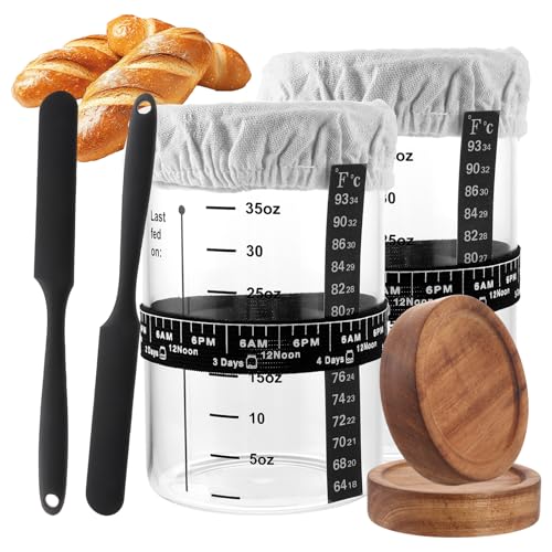 DAJAVE 2 Stück Sauerteig Starter Set 730ml Sauerteig Glas Kit mit Thermometer, Cloth Cover & Abstreifer, Steuerriemen, Reusable Glass Sourdough Starter Kit with Date Feeding Band von DAJAVE