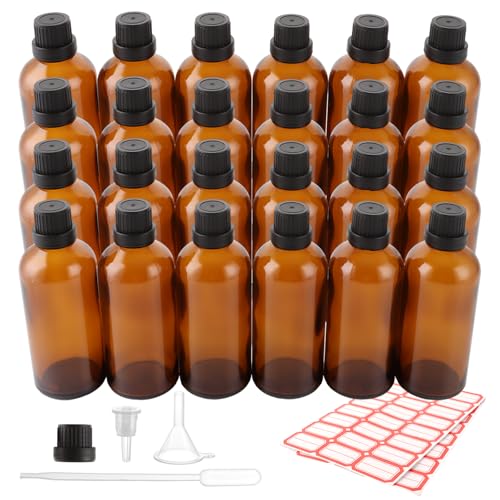 DAJAVE 24 Stück Pipettenflasche 100ml Braunglasflasche, Tropfflasche aus Glas Braune Apothekerflasche Set, Braune Apothekerflaschen mit Tröpfler, Kleine Glasflaschen mit Schraubverschluss von DAJAVE