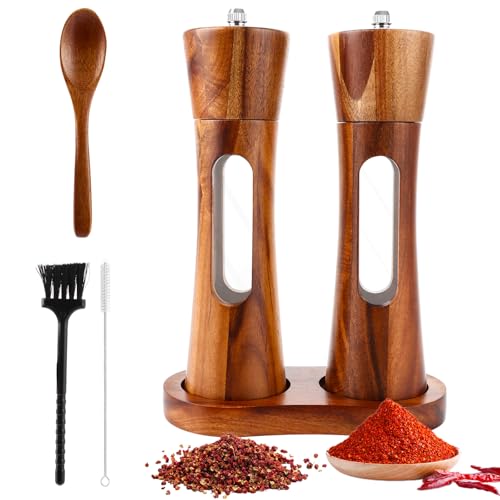 DAJAVE 3er Salz und Pfeffermühle Holz Set 19cm Pfeffermühle Holz Groß Keramikmahlwerk Gewürzmühle Salzmühle mit untersetzer Verstellbarem für Pfeffer Salz Gewürze Höhe von DAJAVE