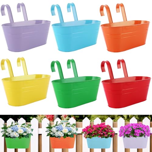 DAJAVE 6 Stück Metall Blumentopf Hängend, 27.5cm Hängeblumentopf, Hängende Blumentöpfe Bunt, Blumentopf Balkongeländer Große Blumenkasten Hängend Für Balkon Zaun Garten von DAJAVE