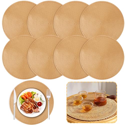 DAJAVE 8er Set Platzset Rund Abwaschbar 38cm Tischsets Platzsets Rund Gold Geflochten, Boho Geflochten Hitzebeständig Placemat, Tischmatten Platzdeckchen rund Gold von DAJAVE