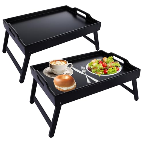 DAJAVE Bambus-Betttisch, schwarzes Betttablett mit klappbaren Beinen, Frühstückstablett mit Griff, Mehrzweck-Betttablett für Bett, Sofa, Essen, Arbeiten, als Schreibtisch-Snack-Tablett, 2 Stück von DAJAVE