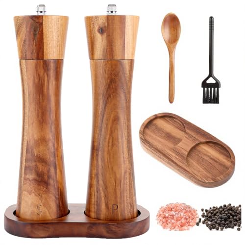 DAJAVE Pfeffermühle holz 20,5cm Salz und Pfeffermühle Holz Set mit Mühlenuntersetzer Verstellbare Salzmühle Keramikmahlwerk Holz Salzmühle Edelstahlmahlwerk Pfeffermühle Akazienholz PepperMillWood von DAJAVE