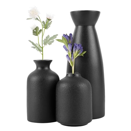 DAJAVE Schwarz Keramik Vasen 3er Set Kleine Blumenvasen für Deko Vasen Set, Moderne rustikale Bauernhaus Home Decor, Dekorative für Pampas Grass, Getrocknete Blumen von DAJAVE