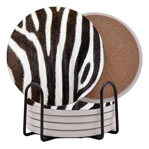 Exotic Zebra Print Schwarz Weiß Country Farm Runde Untersetzer 6er Set - Abosrbent Keramik mit Metallständer für Getränke, Kaffee, rutschfeste Korkrückseite (Zebra) von DAJDC