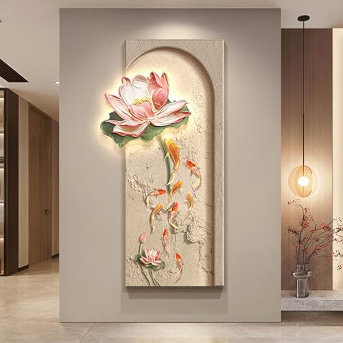 3D-Skulptur-Dekoration Mit Licht, Fisch-Lotus-Wandskulptur, Handgefertigter Sandstein, Dekorative Wandlampe Für Wohnzimmer, Eingang, Büro, Schlafzimmer(A,40 * 80cm) von DAJIAYIQI