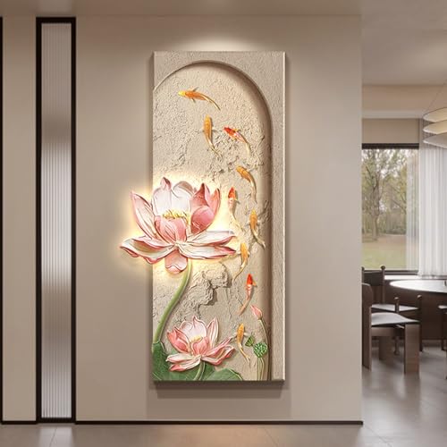 3D-Skulptur-Dekoration Mit Licht, Fisch-Lotus-Wandskulptur, Handgefertigter Sandstein, Dekorative Wandlampe Für Wohnzimmer, Eingang, Büro, Schlafzimmer(C,60 * 120cm) von DAJIAYIQI