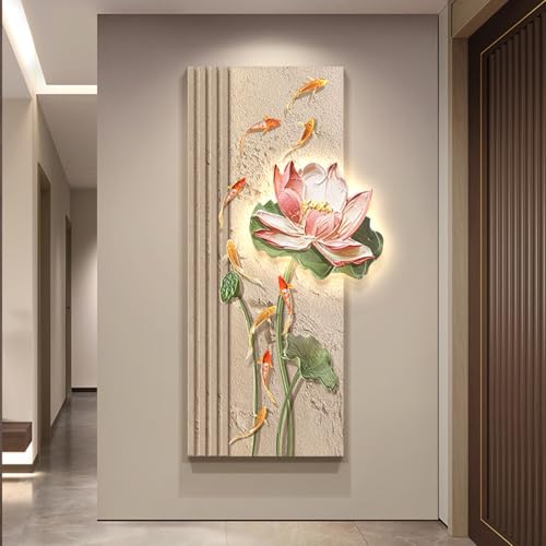 3D-Skulptur-Dekoration Mit Licht, Fisch-Lotus-Wandskulptur, Handgefertigter Sandstein, Dekorative Wandlampe Für Wohnzimmer, Eingang, Büro, Schlafzimmer(D,40 * 80cm) von DAJIAYIQI