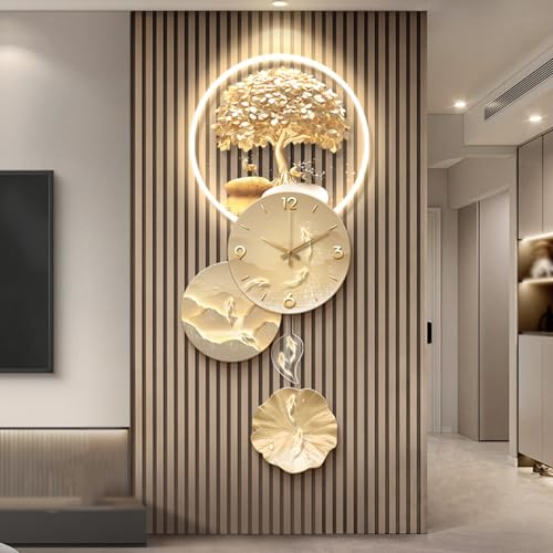 3D-Wandkunstdekor Mit LED-Licht, Großes Wandlichtdekor Mit Uhr, Verdickte Rückwand, Dekoratives Gemälde Mit Glücksbaum Und Haken Für Wohnzimmer, Eingang, Büro(A,100 * 43cm) von DAJIAYIQI