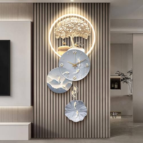 3D-Wandkunstdekor Mit LED-Licht, Großes Wandlichtdekor Mit Uhr, Verdickte Rückwand, Dekoratives Gemälde Mit Glücksbaum Und Haken Für Wohnzimmer, Eingang, Büro(B,120 * 52cm) von DAJIAYIQI