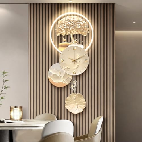 3D-Wandkunstdekor Mit LED-Licht, Großes Wandlichtdekor Mit Uhr, Verdickte Rückwand, Dekoratives Gemälde Mit Glücksbaum Und Haken Für Wohnzimmer, Eingang, Büro(C,120 * 52cm) von DAJIAYIQI