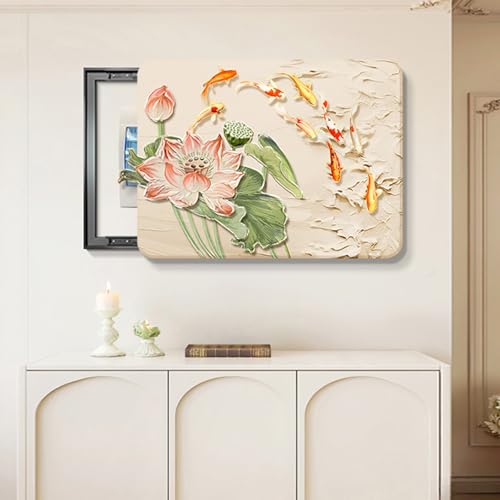 Schaltkastenabdeckungen Zum Aufhängen Von Gemälden, Dekorative Schalttafelabdeckung, Leise Push-Pull-Schienen, Wandgemälde Mit Neun Fischen Und Lotusblumen(A,60 * 80cm) von DAJIAYIQI