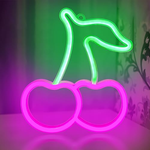 DAKABUKA Kirsch-Neonschild Rosa Grüne Kirschen Neonlichter Süße Früchte LED-Schilder für Kinderzimmer Restaurant Bar Obstladen USB-Akku Neonschilder zur Wanddekoration von DAKABUKA