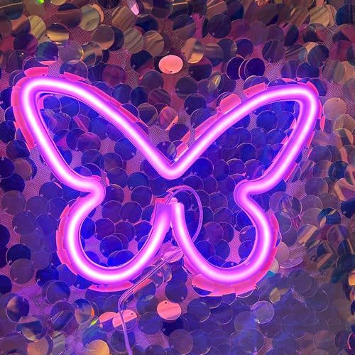 DAKABUKA Schmetterlings-Neonlicht-LED-Schild für Raumdekoration, USB- oder 3-AA-batteriebetriebene Schilder für Mädchen, Wanddekoration, Party, Valentinstag, Weihnachten, Wohnzimmer, Kinder (Rosa) von DAKABUKA