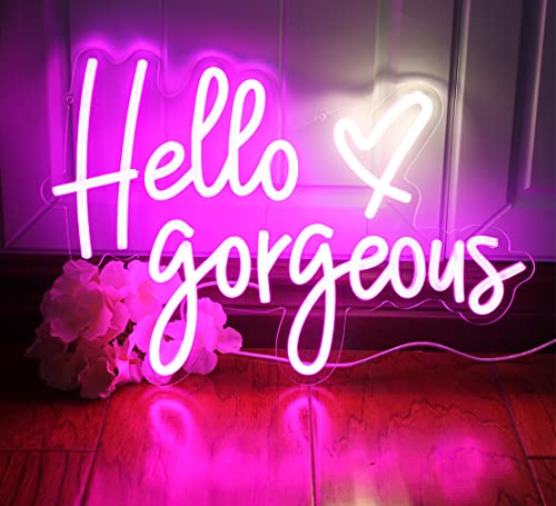 DAKABUKA Hello Gorgeous Leuchtreklamen, rosa LED-Licht, Hello Beautiful, Wandkunst, Geschenk für Heimdekoration, Hochzeit, Geburtstag, Hintergrund, Junggesellinnenabschied, mit dimmbarem Schalter von DAKABUKA