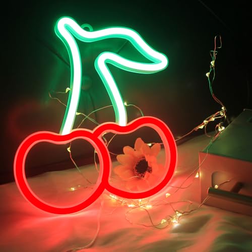 Kirsch-Neonschild Rote/Grüne Kirschen Neonlichter Süße Früchte LED-Schilder für Kinderzimmer Restaurant Bar Obstladen USB-Akku Neonschilder zur Wanddekoration von DAKABUKA