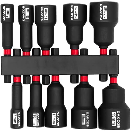 DAKCOS 10 tlg Sechskant Stecknuss Adapter, 6-19mm Steckschlüssel Set, Schraubenschlüssel für Bohrer, CR-V von DAKCOS