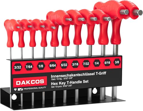 DAKCOS 10 tlg Sechskantschlüssel Set mit T-Griff Innensechskant-Stiftschlüssel Sechskantschraubendreher mit Quergriffen | SAE/INCH 3/32 bis 3/8 | Cr-V von DAKCOS