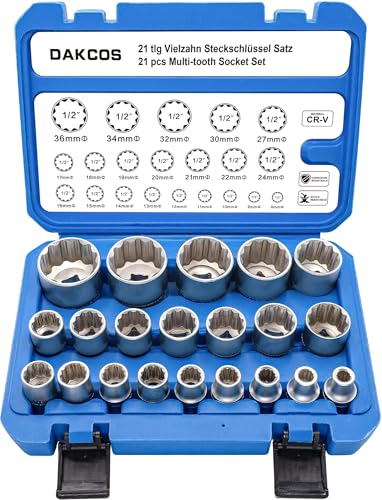 DAKCOS 21tlg 1/2" Vielzahn Nuss Satz Steckschlüssel Set für 6 und 12 Kant SW 8-36mm Außenvielzahn Stecknuss aus CR-V mit mattierter Chromoberfläche DAKCOS 21tlg 1/2" Vielzahn Nuss Satz Steckschlüssel Set für 6 und 12 Kant SW 8-36mm Außenvielzahn Stecknuss aus CR-V mit mattierter Chromoberfläche von DAKCOS