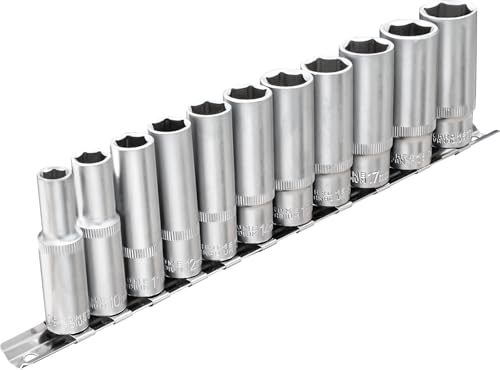 DAKCOS 3/8" Steckschlüssel-Einsatz-Satz, Sechskant 8-19 mm aus CR-V mit mattierter Chromoberfläche, tief von DAKCOS