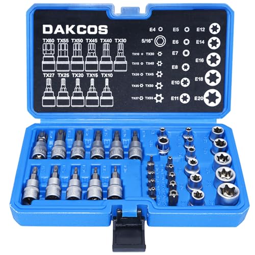 DAKCOS 34tlg Innen Außen Torx Steckschlüssel und Bit Satz Sechskant | E4-E20 Nuss | T10-T60 Torxsatz | Stecknüsse Biteinsätze Nusssatz | Nüsse aus CR-V | Bit aus S2 von DAKCOS