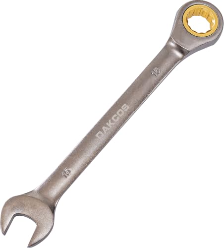 DAKCOS Kombi-Ratschenschlüssel 15mm Metrischer Ratschenringmaulschlüssel mit mattierter Chromoberfläche aus CR-V von DAKCOS