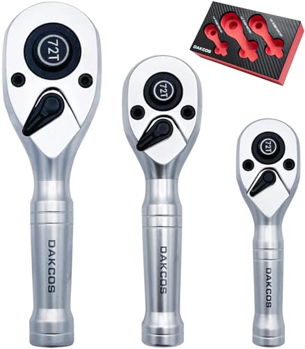 DAKCOS Mini Umschaltknarre 1/4" 3/8" 1/2" 3pc Knarre Rotary Ratsche Antrieb mit 72 Zähnen aus CR-V mit mattierter Chromoberfläche Druckknopfauslösung von DAKCOS