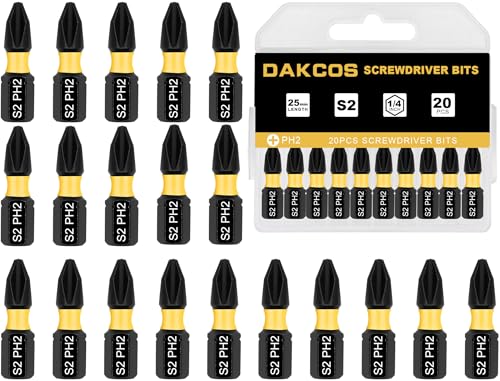 DAKCOS PH2 Bit, Torx Bit PH2, Bit-Sortiment aus S2, Schrauber-Bit 1/4" Sechskantschaft (Länge: 25 mm, 20 Stück) von DAKCOS