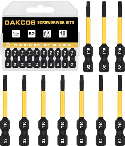 DAKCOS T10 Bit lang, Torx Bit T10, Bit-Sortiment aus S2, Schrauber-Bit 1/4" Sechskantschaft (Länge: 50 mm, 10 Stück) von DAKCOS