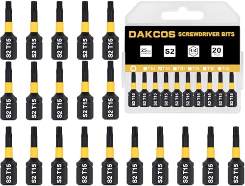 DAKCOS T15 Bit, Torx Bit T15, Bit-Sortiment aus S2, Schrauber-Bit 1/4" Sechskantschaft (Länge: 25 mm, 20 Stück) von DAKCOS