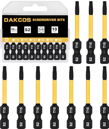 DAKCOS T15 Bit lang, Torx Bit T15, Bit-Sortiment aus S2, Schrauber-Bit 1/4" Sechskantschaft (Länge: 50 mm, 10 Stück) von DAKCOS