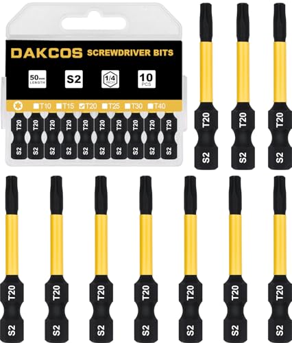 DAKCOS T20 Bit lang, Torx Bit T20, Bit-Sortiment aus S2, Schrauber-Bit 1/4" Sechskantschaft (Länge: 50 mm, 10 Stück) von DAKCOS