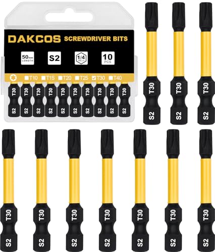 DAKCOS T30 Bit lang, Torx Bit T30, Bit-Sortiment aus S2, Schrauber-Bit 1/4" Sechskantschaft (Länge: 50 mm, 10 Stück) von DAKCOS