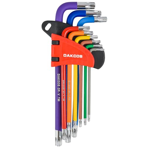 DAKCOS Torx Schlüssel Set T10-T50, 9-tlg Torx Winkelschlüssel Satz mit Stirnlochbohrung, CR-V, für Innen-TORX-Schrauben, in Kunststoffclip DAKCOS Torx Schlüssel Set T10-T50, 9-tlg Torx Winkelschlüssel Satz mit Stirnlochbohrung, CR-V, für Innen-TORX-Schrauben, in Kunststoffclip von DAKCOS