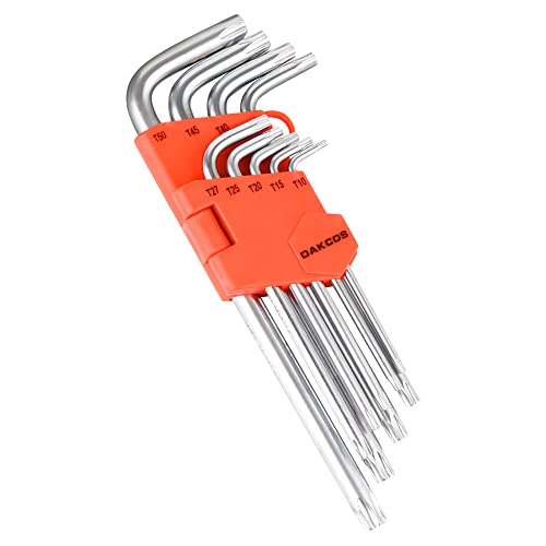 DAKCOS Torx Schlüssel Set T10-T50, 9-tlg. Torx Winkelschlüssel Satz mit Stirnlochbohrung, CR-V, für Innen-TORX-Schrauben, in Kunststoffclip von DAKCOS