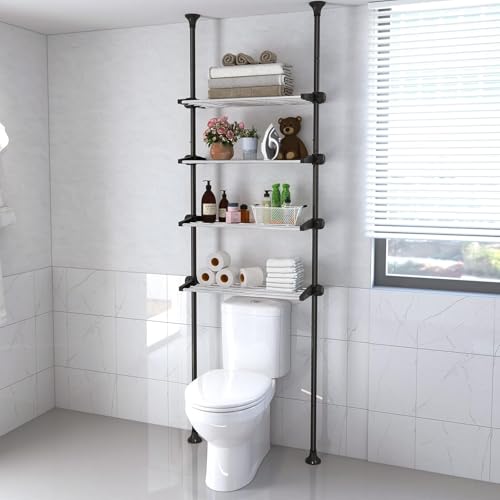 Toilettenregal,Regal über Toilette mit 4-stufigen verstellbaren Regalen,Platzsparend WC ÜDoppelspannstange Standregal Bad Regal Organizer Kleiderbügel Stangen Ohne Bohren, 295x58x25.cm,Schwarz von DAKEPOLE