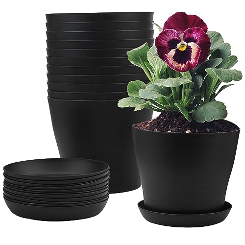 DAKFOOK 12 Stück 17 cm Pflanztöpfe Kunststoff schwarz, Garten Blumentöpfe mit Untersetzer und Drainagelöchern, Schwarze Blumentöpfe, Kunststoff Pflanzgefäßbehälter für drinnen und draußen von DAKFOOK