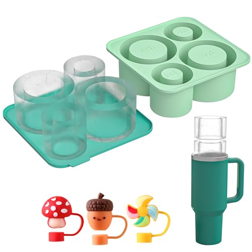 Eiswürfelform Silikon für Stanley Becher mit 3 Pcs Strohhalm Abdeckung für Stanley Cup Zubehör, 4 Fach Eiswürfelbehälter für Stanley Cup, Silikon Eiswürfelform mit Deckel für 30/40 Oz Becher (Grün) von DAKLUNAR