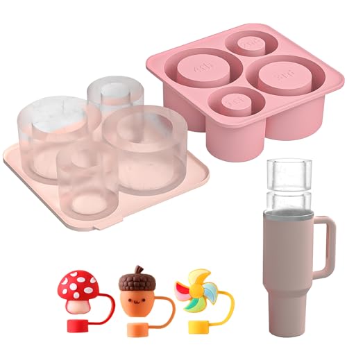 Eiswürfelform Silikon für Stanley Becher mit 3 Pcs Strohhalm Abdeckung für Stanley Cup Zubehör, 4 Fach Eiswürfelbehälter für Stanley Cup, Silikon Eiswürfelform mit Deckel für 30/40 Oz Becher (Rosa) von DAKLUNAR