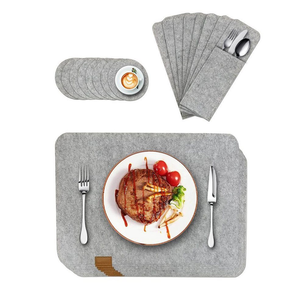 Platzset, Tischset Filz 24-tlg Platzdecke Komplettes Set, DAKYAM, (24-St), 8 Platzmatten, 8 Untersetzer und 8 Bestecktaschen von DAKYAM