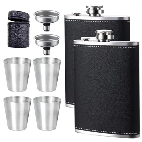 2 Stück 8oz Edelstahl Flachmann Set mit 2 Trichter & 4 Weinglas & 1 ledertasche mit reißverschluss, Schwarz Flachmann für Herrentag Geburtstag Weihachten von DALAETUS