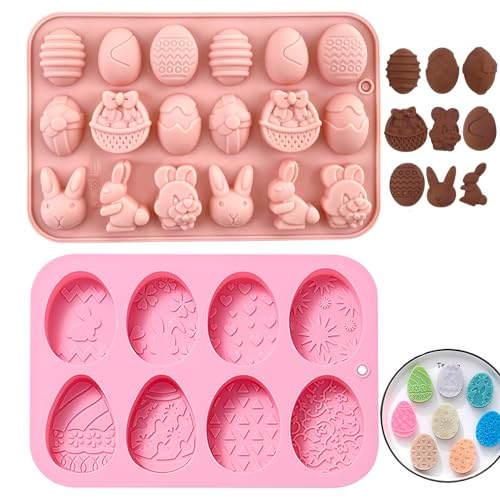 2 Stück Ostern Schokoladenform Set, 18 Kavität Ei, Hase, Kaninchen Kopf, Korb Formen und 8 Kavität Silikonform in Eiform für DIY Schokolade, Süßigkeiten, Gelee von DALAETUS