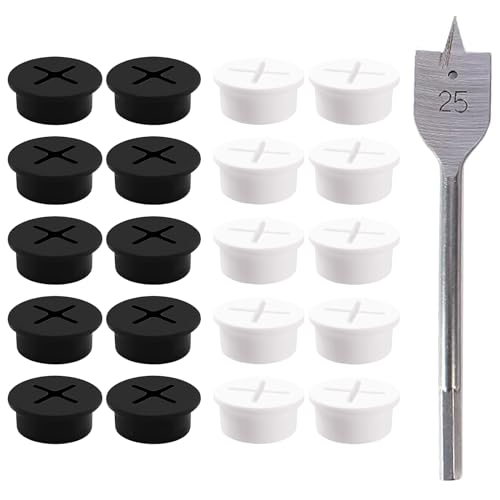 20 Stück Flexible Kabeldurchführung Set mit 25mm Bohrer, 1 Zoll Silikon Schreibtisch Kabeldurchführung, Tisch Kabelmanagement für Büro Wohnaccessoires Arbeitsplatz (Schwarz, Weiß) von DALAETUS