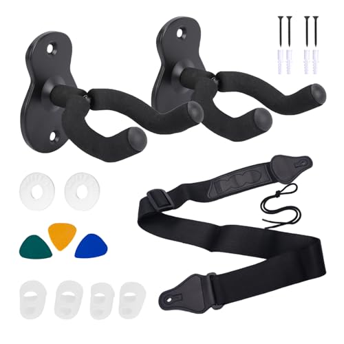 DALAETUS 20 Stück Gitarren-Wandhalterung mit Langen Schrauben und Kunststoffankern Set, Verstellbarer Gitarrengurt, Celluloid Guitar Pick, Gurtschlösser und Fingerschutz für Bass, E-Gitarre (Schwarz) von DALAETUS
