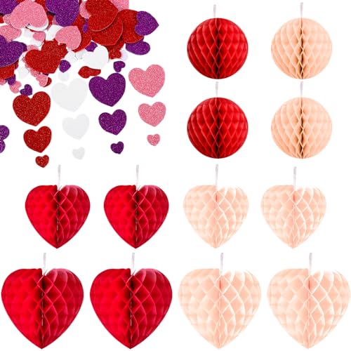 412 Stück Valentinstag Herz Deko Set mit Aufkleber, Waben Hängende Dekoration für Geburtstag Valentine Jahrestag, Rote Herz Wabenbälle für Hochzeit Verlobung Hauptdekorationen (20cm/23cm) von DALAETUS