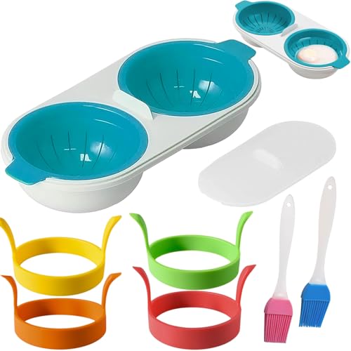 7 Stück Doppelbecher-Eierkocher-Set, Hohe Kapazität Eierdampfer mit Ölpinsel, Omelette-Maker, Blauem Eier Mikrowellen Kocher, PP Tragbarem Gedämpfte Eierplatte für Öfen, Küche, Frühstück von DALAETUS