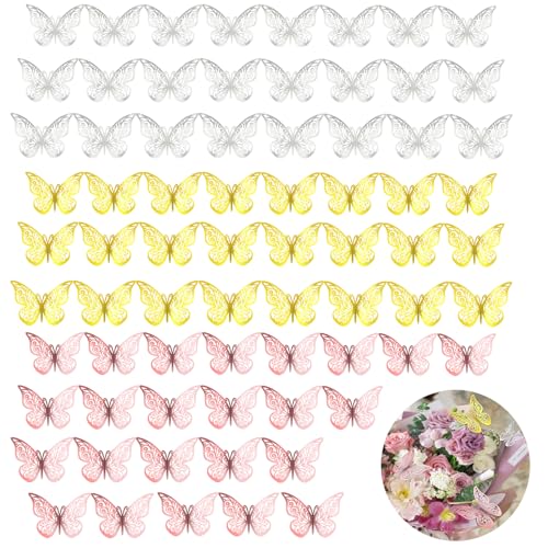 72 Stück 3D Schmetterlinge Deko, Schmetterling Wandaufkleber, Butterfly Wandsticker, Wandtattoo Abnehmbare für Mädchen, Schlafzimmer, Wohnzimmer, Kinderzimmer, Hochzeit, Party(Silber, Gold, Roségold) von DALAETUS